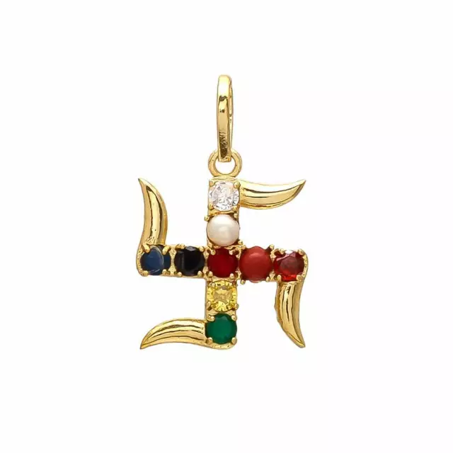 Gold Plated Swastik Pendant Navratan Swastika Pendant Religious Pendant Navgrah Gold Plated Swastik Pendant Navratan Swastika Pendant Religious Pendant Navgrah
