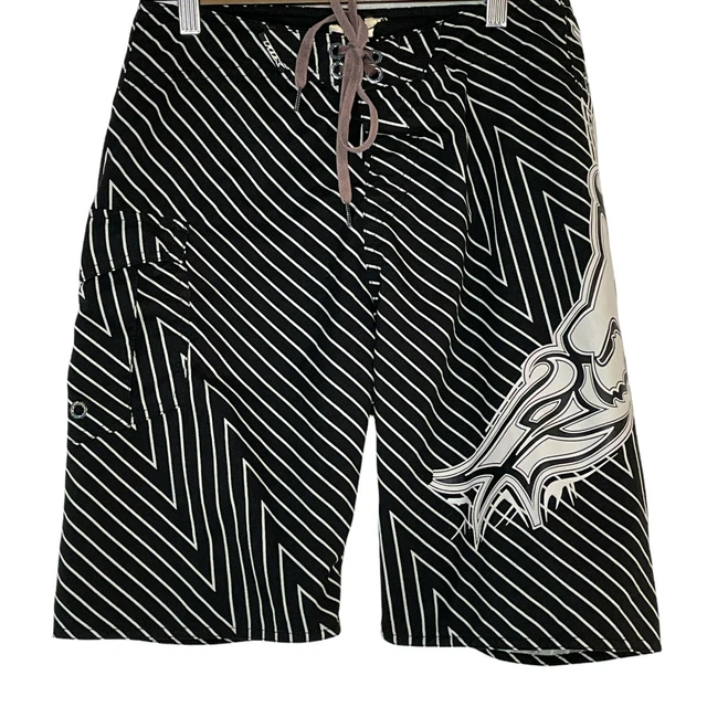 Fox Head 28 Mens Black White Striped Drawstring Bottom Surfing Swim Board Shorts