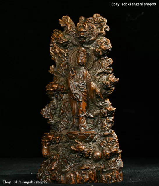 Old Chinese Buddhism Boxwood wood Carved 9 Dragon GuanYin Kwan-yin Buddha Statue