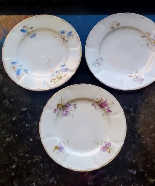 3 Unique Floral Porcelain Bread Plates Germany Violet Daisy Mum Gold Rim c.1900