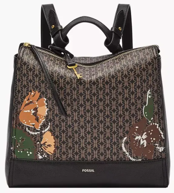 Fossil Elina Convertible Black Brown Floral Logo Backpack SHB2999979 NWT $180
