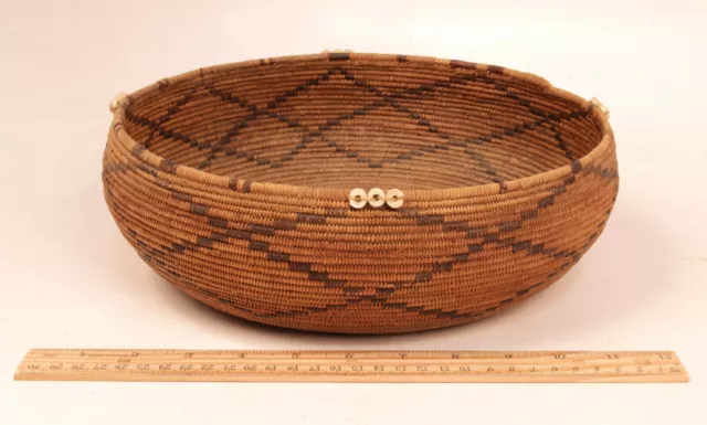 11"d x 4"ht Antique California Pomo Indian Basket Bowl w/ Clamshell Beads c1890