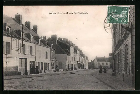 CPA Angerville, Grande Rue Nationale, 1909 street view