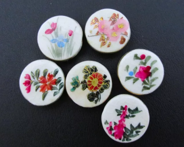 VTG Antique Porcelain Satsuma Buttons Set of 6 Hand Painted Floral Flower Design 3