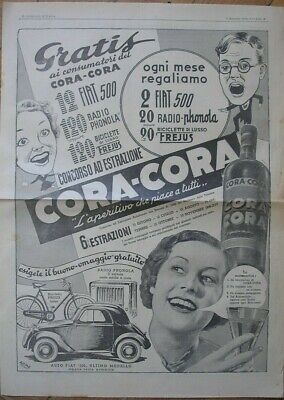 CORA CORA APERITIVO FIAT 500 BICICLETTA FREJUS PUBBLICITA  ADVERTISING ACME 1938 