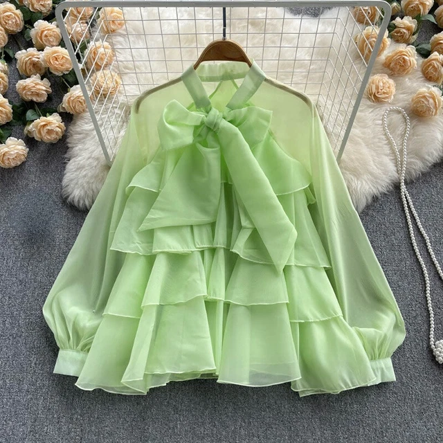 Women Casual Mesh Ruffle Shirt Blouse Top Long Puff Sleeve Loose Lolita Chic New