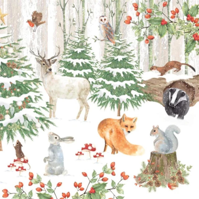 Festive Woodland Lunch Napkins | Christmas Animal Scene Tableware x 20