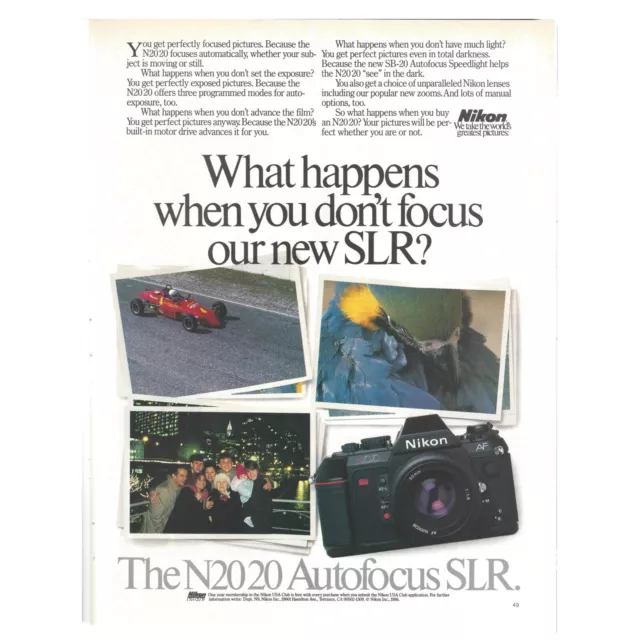 Nikon N2020 Autofocus SLR Camera Print Ad 1986 Vintage 80s Retro Tech 8.25x11”