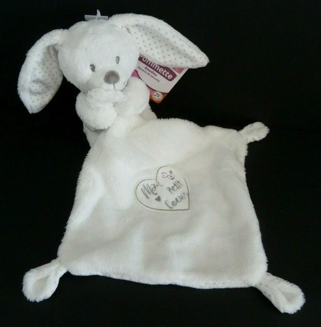 DC1. DOUDOU PELUCHE POMMETTE LAPIN BLANC GRIS MOUCHOIR Mon petit coeur 100% NEUF 2