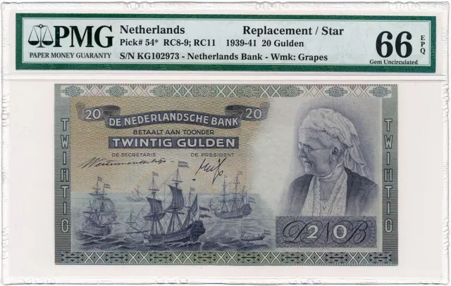 Netherlands - 20 Gulden 1941 * PMG Gem UNC 66 EPQ * replacement note