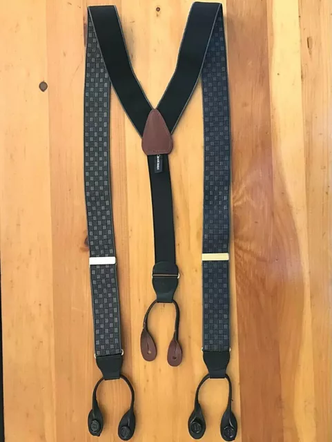 Crook Horn Leather Suspenders Braces Gray Checked Pattern