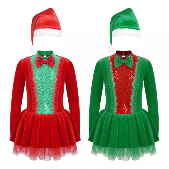 Girls Dress New Year Costume Dancing Christmas Festival Xmas 2Pcs Hat Carnival