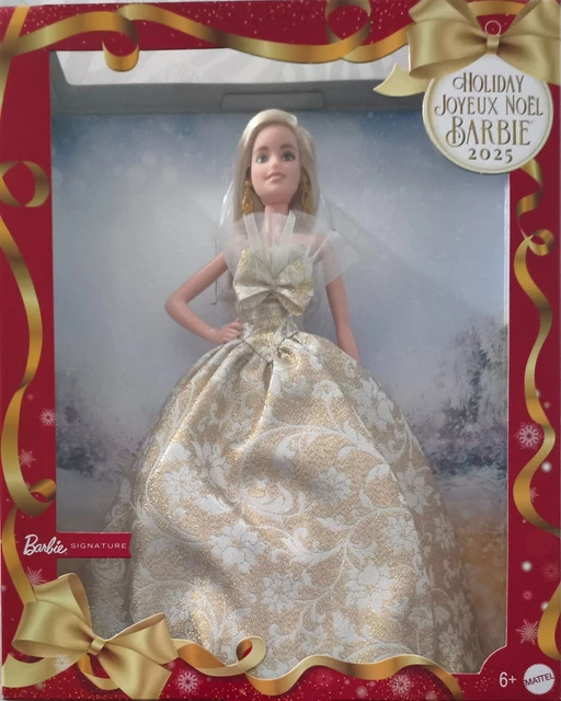 Barbie Signature Joyeux Noël 2023, Poupée Collector Spéciale Fêtes avec Robe De Soirée Dorée