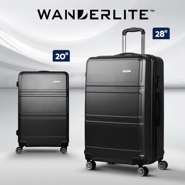 Wanderlite 2pc Luggage Trolley Set Suitcase Travel TSA Carry On Hard Case Black