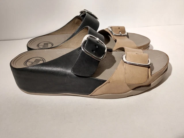 FitFlop Sandals Women Sz 7 Black Tan Brown Leather Double Strap Two Tone Buckle