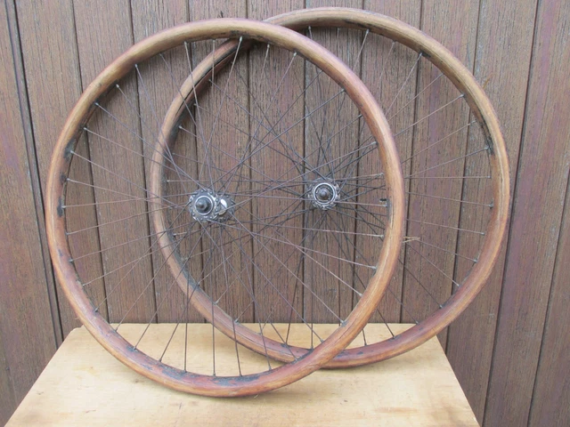 PAIRE DE ROUES Avec Jantes Bois Velo Ancien Bicycle Wood Rims Wheels ...