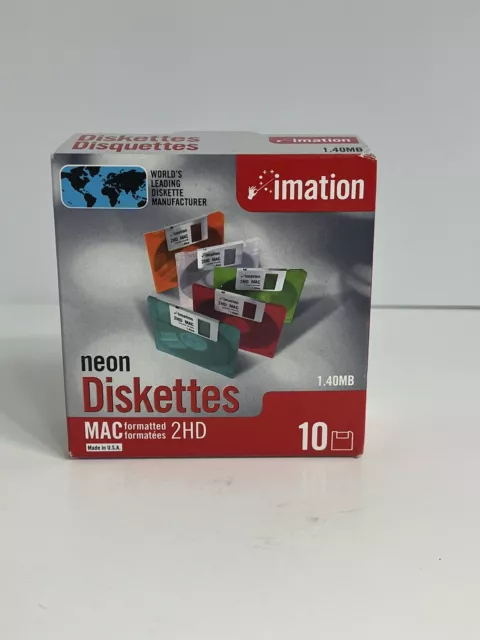 Imation Neon Diskettes MAC Formatted 2HD 1.40 MB 3.5" Sealed BOX Blank Media 10
