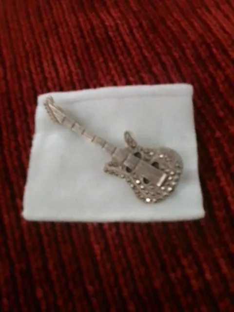 vintage 925 sterling  marcasite guitar pin brooch 2.50"