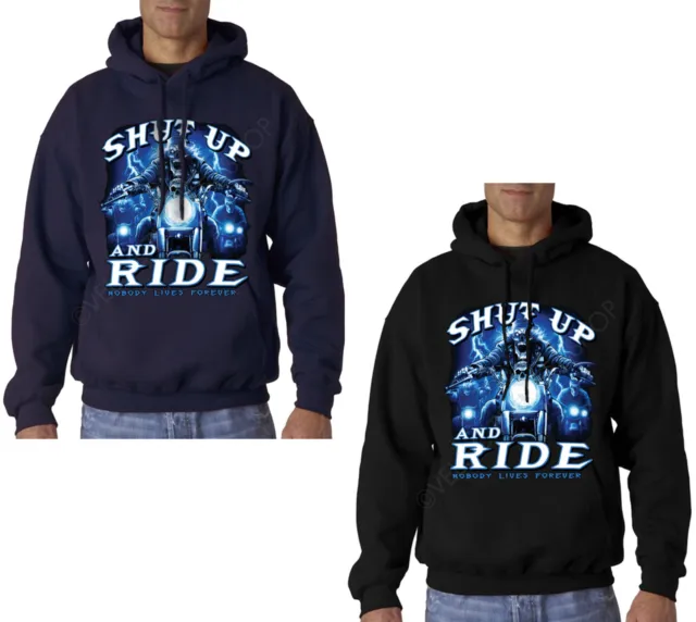 Velocitee Mens Hoodie Shut Up & Ride Biker Chopper Bobber Skull A10258