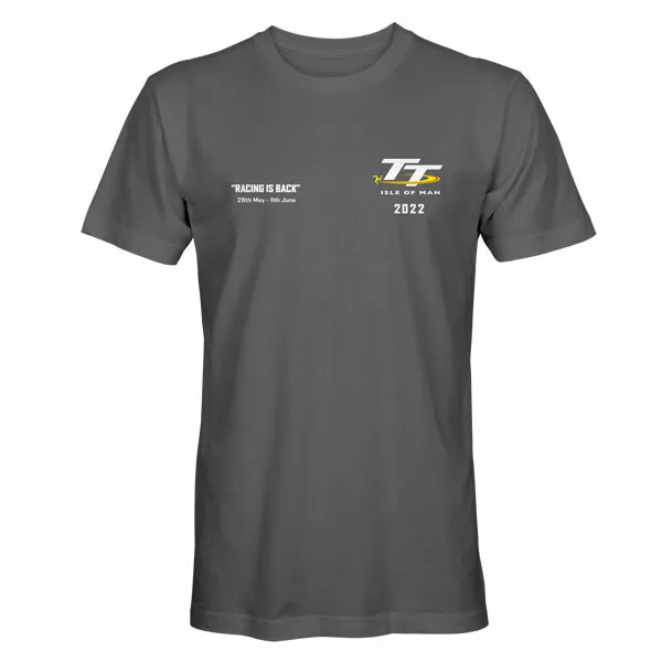 Official  Isle of Man TT Races 2022 TT is Back Charcoal T'Shirt  - 22ATS10C