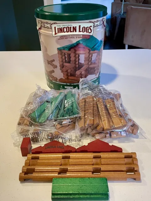 New Open Lincoln Logs –100th Anniversary Tin-111 Pieces-Real Wood Logs-Ages 3+