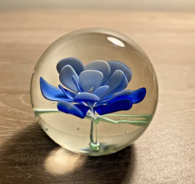 Small Vintage Cobalt Blue Flower Art Glass Paperweight Round 4cm Gift