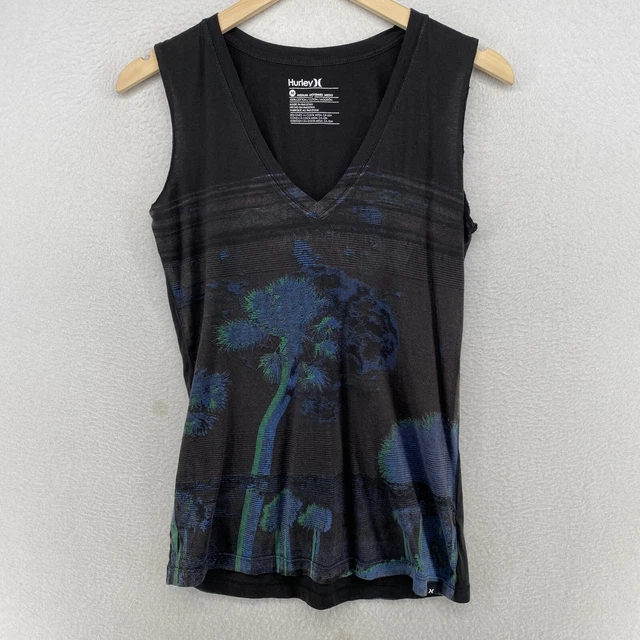 HURLEY Top Womens Medium Palm Tree Print Cotton Jersey V-Neck Muscle Black