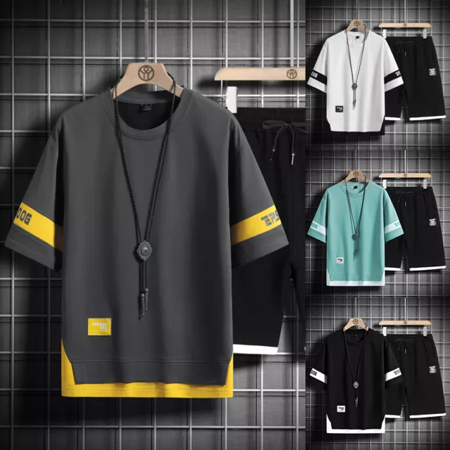 Uomo Manica Corta Top + Pantaloni Tuta Set Casual Largo Sport Completo Intera ☽