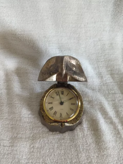 Vintage 1950s BENTLEY Metal Hinge Lid Owl Wind-up Alarm Clock / Tested Working