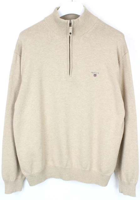 GANT Maglione Uomo ~ XL Cotone Maglia Mezza Zip collo Alto Beige