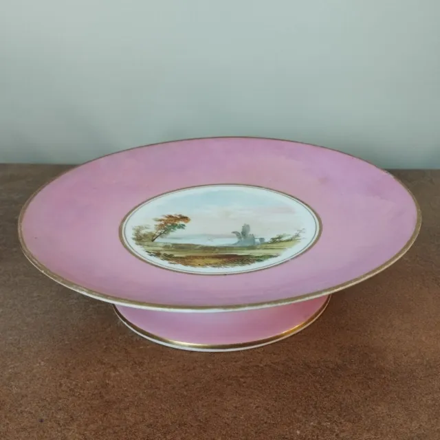 Antique Victorian, Staffordshire, Hand Painted Cake Stand with Landscape Scene