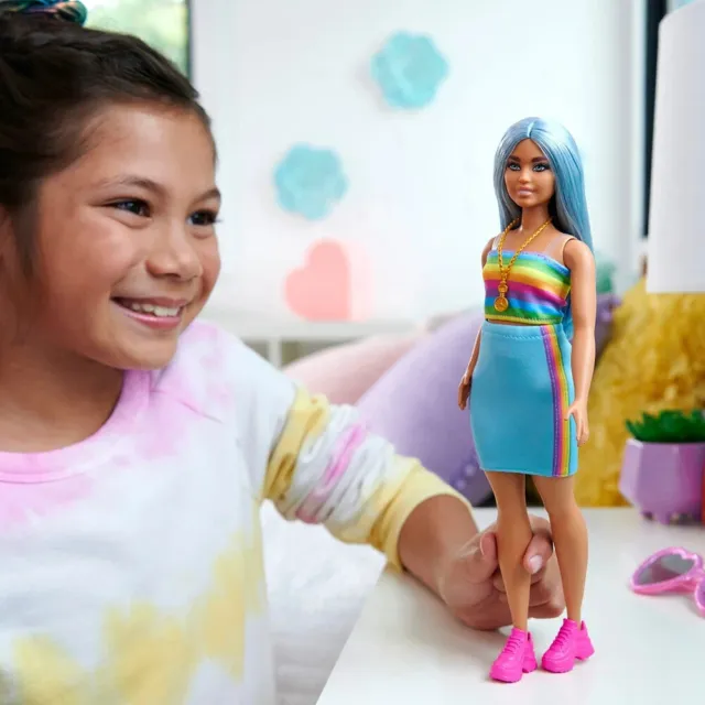 Barbie Fashionista Doll 218 with Blue Hair & Rainbow Top