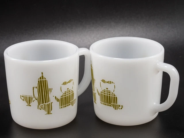 Federal Milk Glass Tea/Coffee Cup mug Olive Green Kitchen Aids Pattern 8oz qty 2