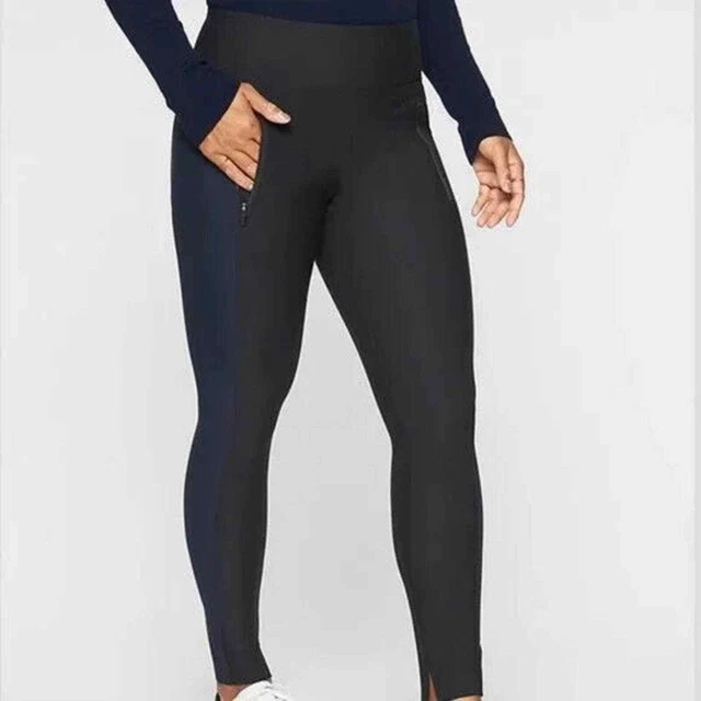 Athleta Womens S Stellar Tight Tuxedo Stripe Stretch Pants Black Navy Leggings