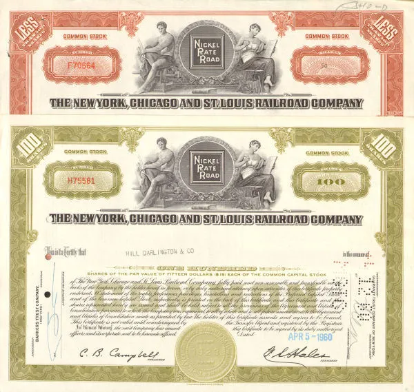 Nickel Plate Road set of 2 New York Chicago St. Louis Railroad stock certificate