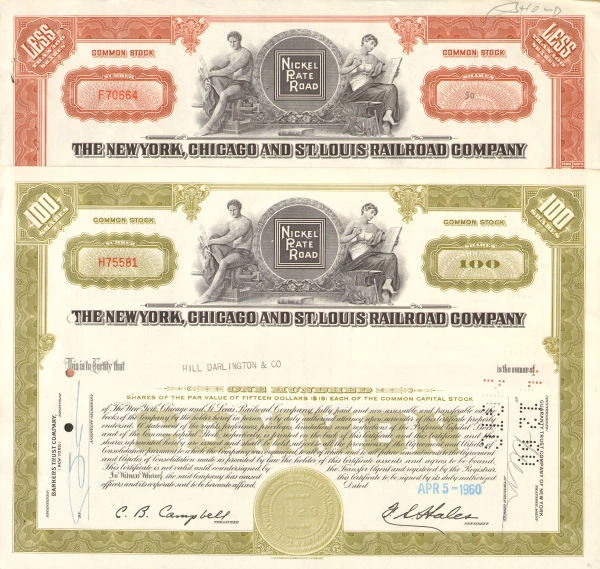 Nickel Plate Road set of 2 New York Chicago St. Louis Railroad stock certificate