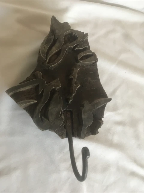 Antique Wood & Iron wall hook From Hand Carved Wooden Printing Block Stamp
