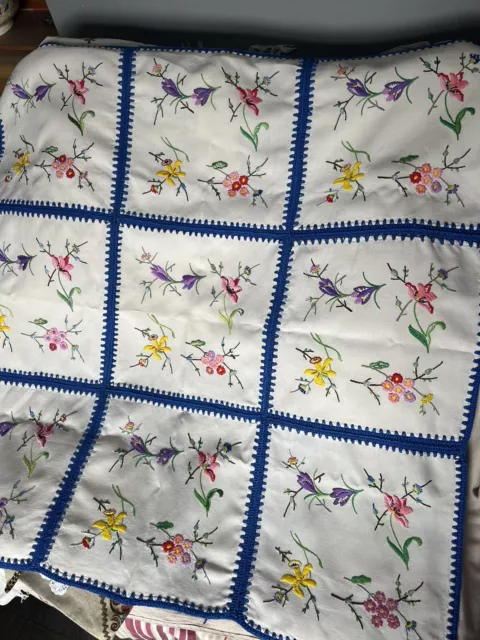 Vintage Hand Embroidered Linen Tablecloth-Exquisite Fairistytch Flowers