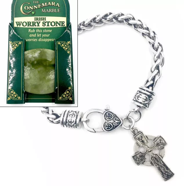 Irish Connemara Marble Worry Stone & Celtic Cross Bracelet - J.C. Walsh & Sons