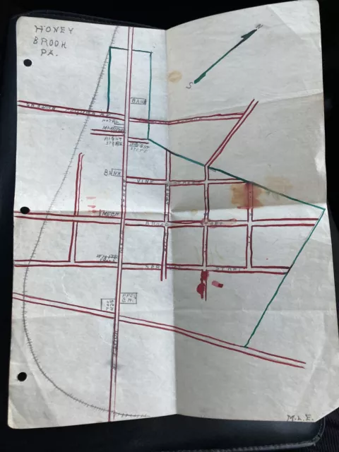 Vintage Hand drawn Map Of Honey Brook Pa. Showing Old Railroad Tracks