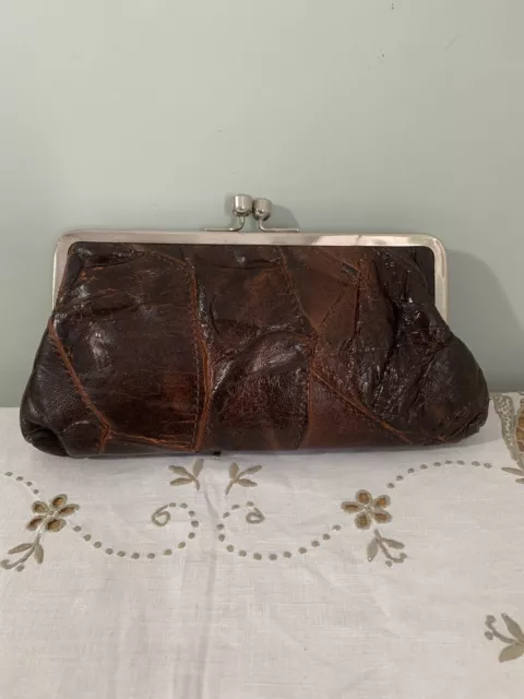 Vintage 1950s Kiss Lock Clutch Purse Brown Patchwork Leather