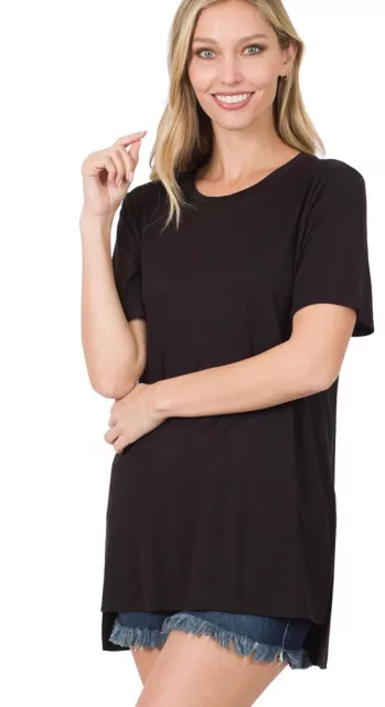 Women's Round Neck Premium Modal Top Short Sleeve Hi-Low Hem Side Slits T Shirt