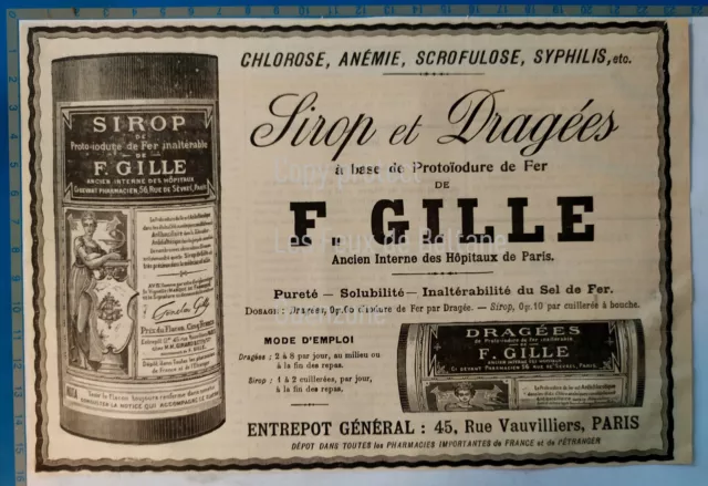 SIROP  PROTO IODURE DE FER GILLE anémie syphilis pharmacie publicite advert 1900