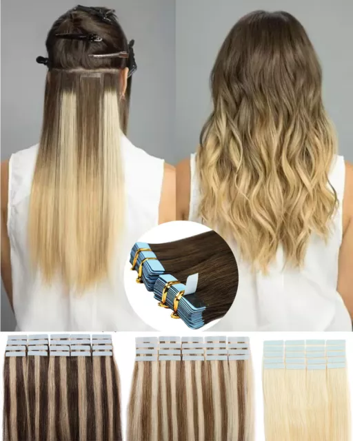 14"-22'' Invisible Tape-In Russian Remy Human Hair Extensions Full Head Best 7A