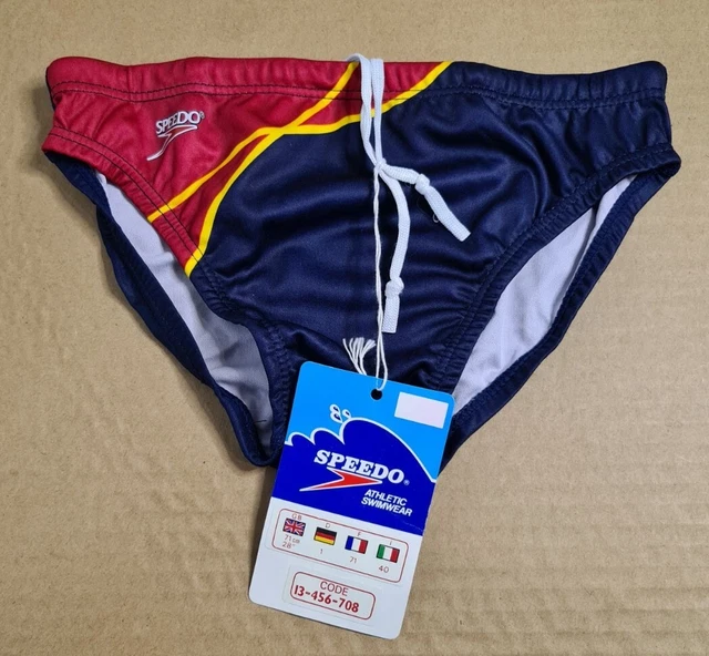 Slip nuoto vintage SPEEDO nuovi con etichette rosso e giallo blu navy (UK 28" 71 cm D1 F71 I40)