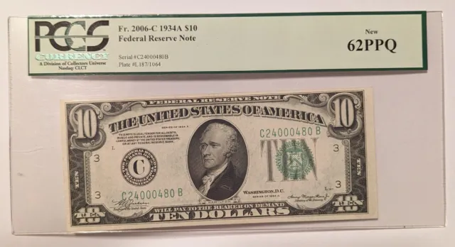 Fr. 2006-C 1934A $10 Ten Dollar Federal Reserve Note Bill PCGS 62PPQ!!!!