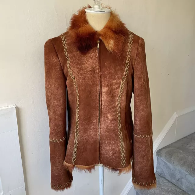 VAKKO New York Brown Spanish Lamb Leather Shearling Stitch Accent Coat Size Med