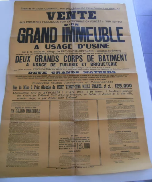 Affiche vente enchère grand immeuble tuilerie briqueterie crossley 1933 vintage