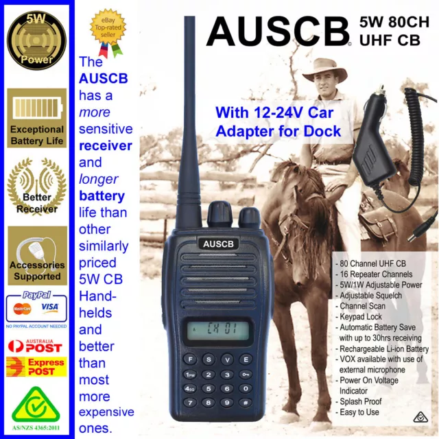 AUSCB 5W 80CH UHF CB Handheld plus 12-24V Car Adapter for Charging Dock.  AS/NZS