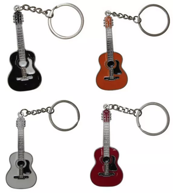 Porte-clés style guitare sèche acoustique en acier argenté, différents coloris.